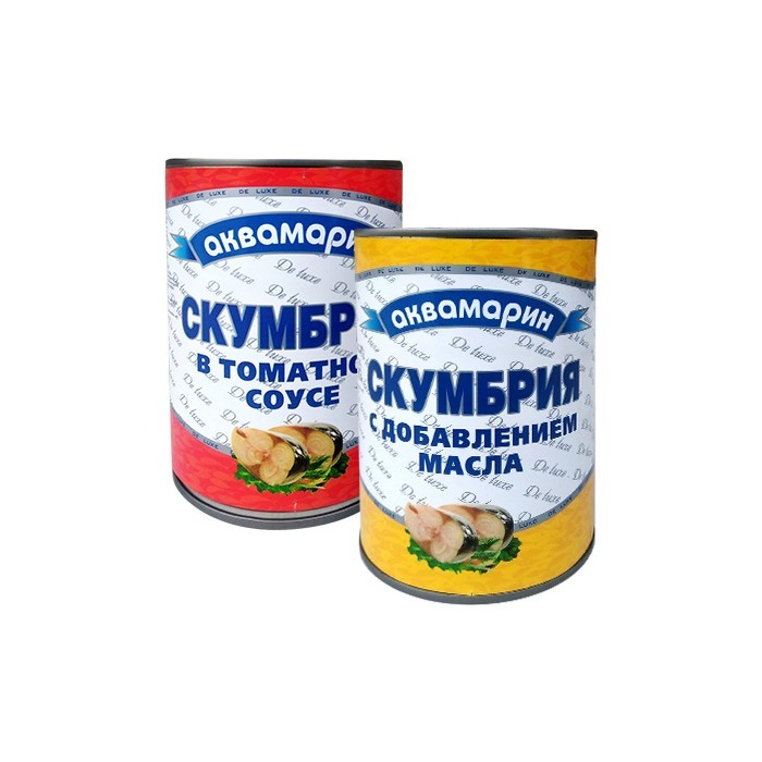 „აკვამარინი“ თევზის კონსერვი „სკუმბრია“ ზეთში/ტომატში 425 გ