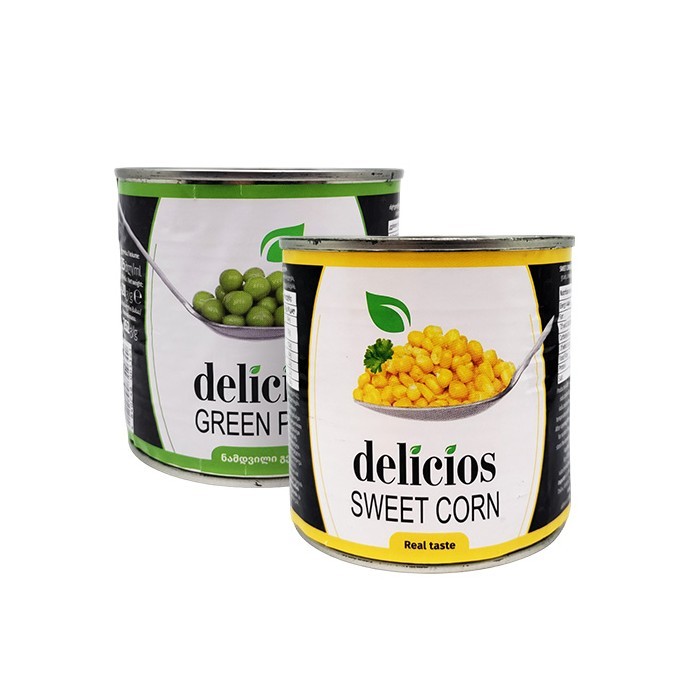 „დელისიოს“ ბარდის/სიმინდის კონსერვი 425 მლ